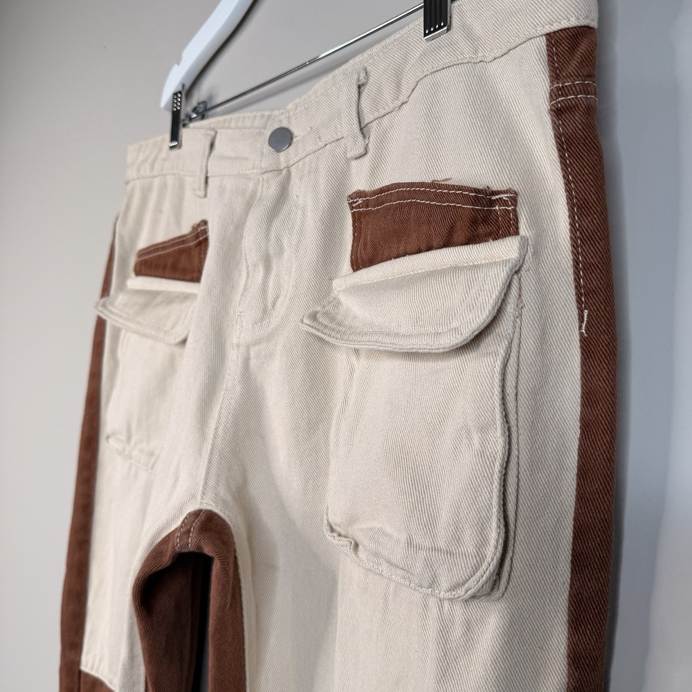 Unisex Ultra High Waisted Patched Denim Dad Jean Brown/beige Size 36X28 - Picture 3 of 16